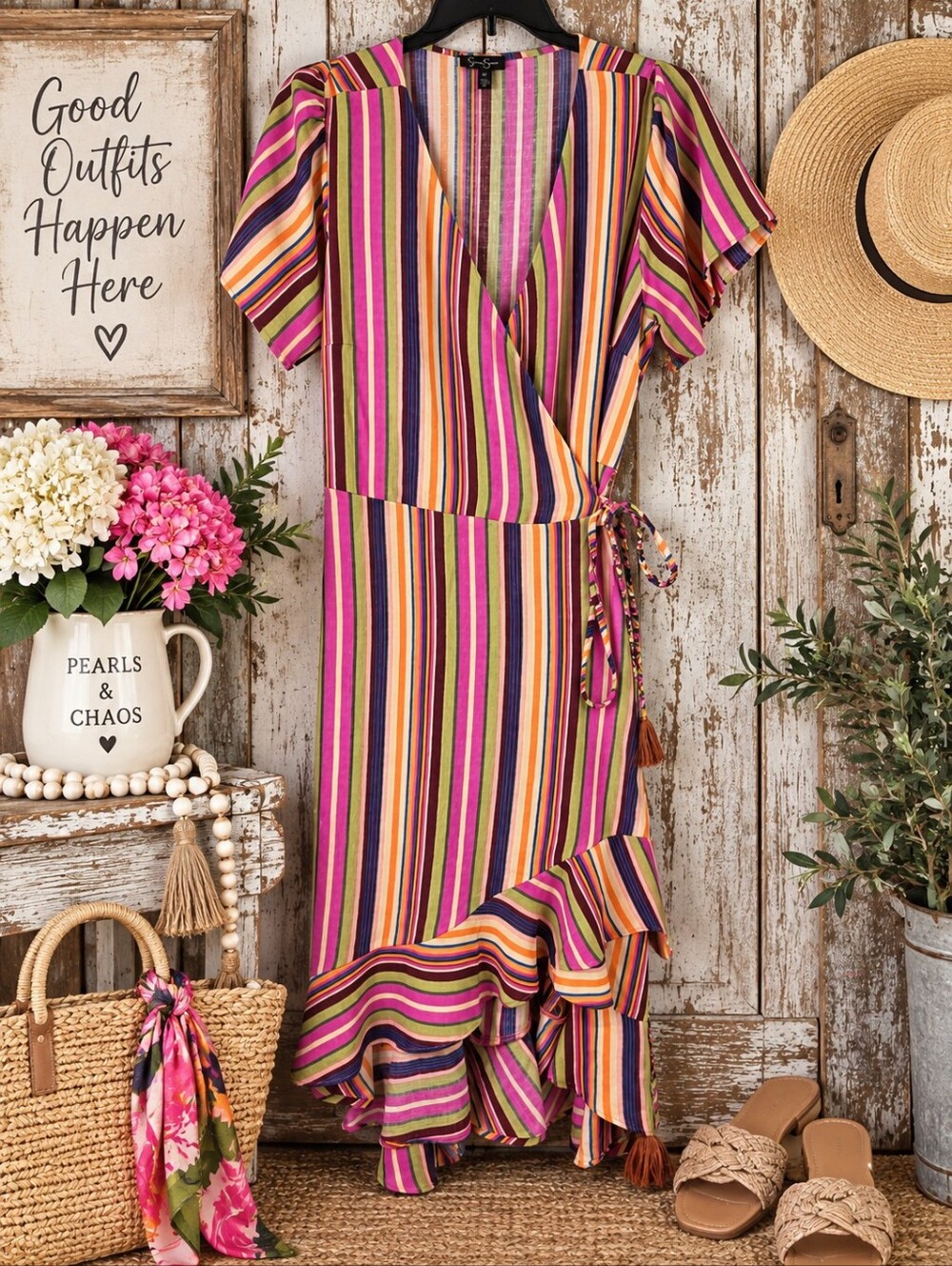 Jessica Simpson Varsha Rainbow Stripe Wrap Maxi Dress Ruffle Hem 2X NWT